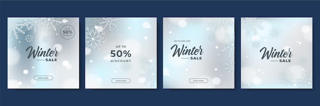 Plantilla de redes sociales de poste cuadrado de venta de Navidad de invierno. Banner de venta de invierno con árboles, cinta, copos de nieve y texto. diseño de flyers con ofertas de descuento y promoción minorista especial de temporada.