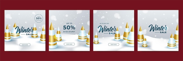 Plantilla de redes sociales de poste cuadrado de venta de Navidad de invierno. Banner de venta de invierno con árboles, cinta, copos de nieve y texto. diseño de flyers con ofertas de descuento y promoción minorista especial de temporada.