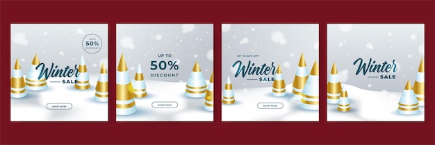 Plantilla de redes sociales de poste cuadrado de venta de navidad de invierno. banner de venta de invierno con árboles, cinta, copos de nieve y texto. diseño de flyers con ofertas de descuento y promoción minorista especial de temporada.