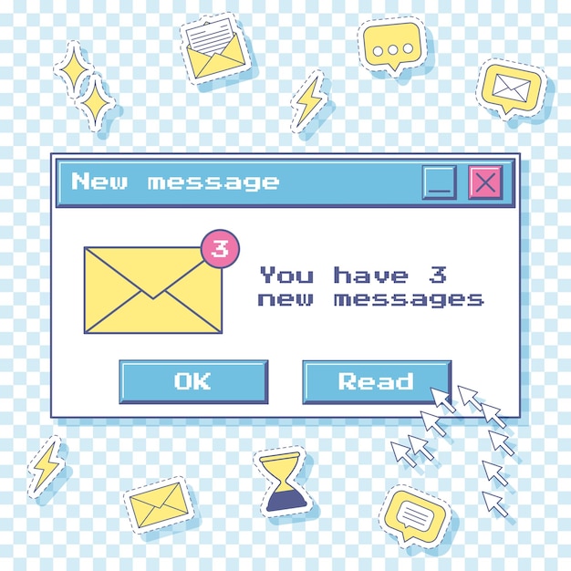 Plantilla para redes sociales con una ventana retro con notificación de nuevos mensajes Y2k pegatinas iconos de mensaje comentario sobre reloj de arena viejo diseño de usuario de computadora ilustración vectorial en un azul