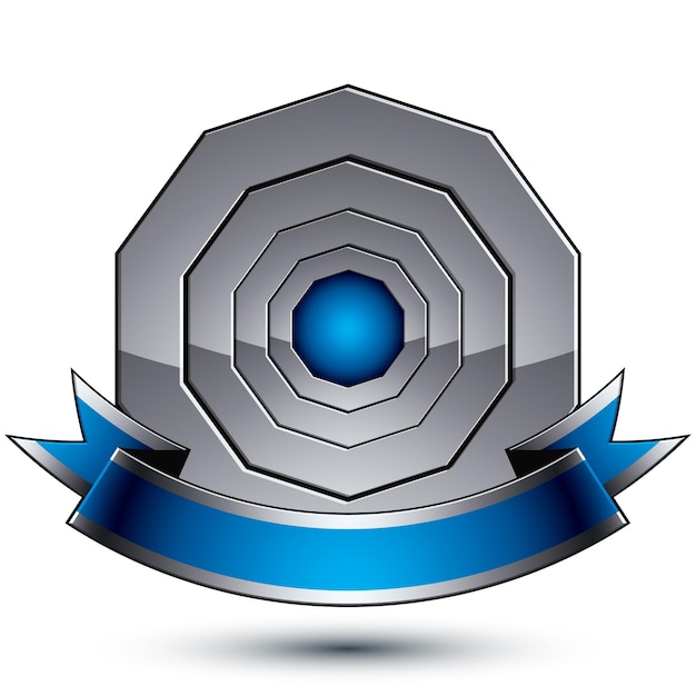 Plantilla redonda vectorial heráldica plateada, medallón geométrico real dimensional con cinta ondulada con estilo azul aislada en fondo blanco.