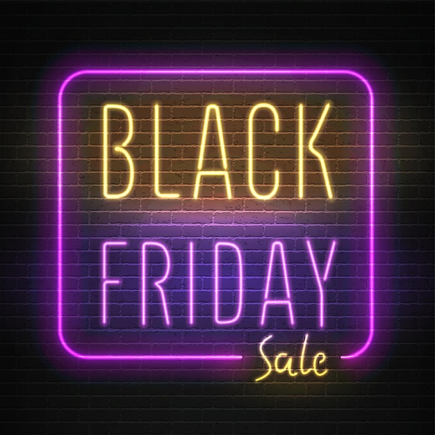 Plantilla retro de banner de vector de venta de viernes negro con caja de luz de neón amarillo púrpura
