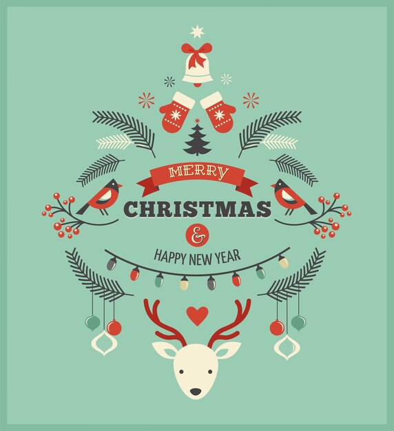 Plantilla retro feliz Navidad y feliz año nuevo con múltiples iconos y símbolos de vacaciones.