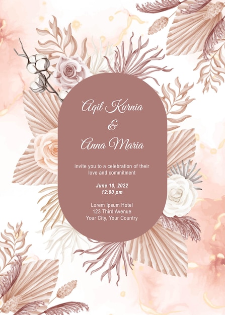 Plantilla rosada moderna de la invitación de la tarjeta de boda del estilo de boho