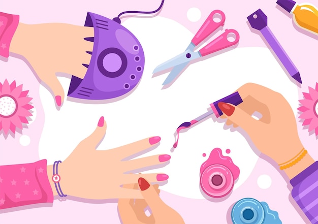 Plantilla de salón de esmalte de uñas ilustración dibujada a mano recepción de manicura o pedicura para una niña