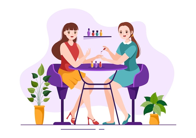 Plantilla de salón de esmalte de uñas Ilustración dibujada a mano Recepción de manicura o pedicura para una niña