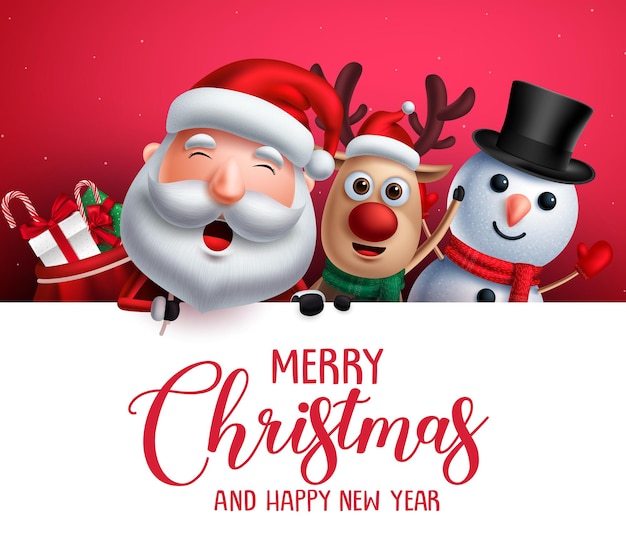 Plantilla de saludo de feliz navidad con personajes de vector de santa claus, muñeco de nieve y renos.