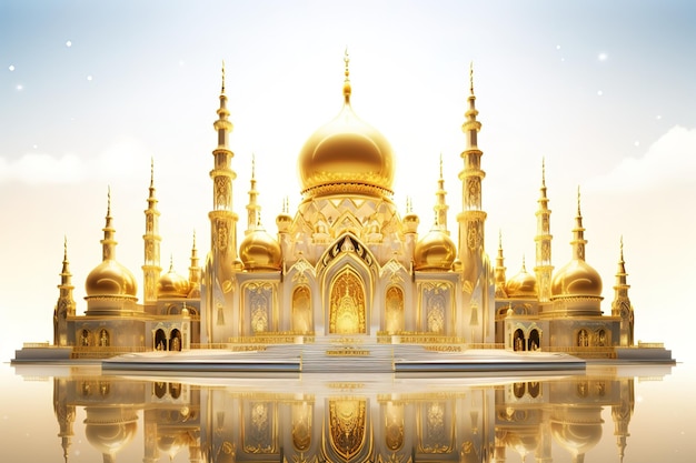 plantilla de saludo de Ramadán Kareem con mezquita musulmana en el fondo de un ornamento floral dorado Arco