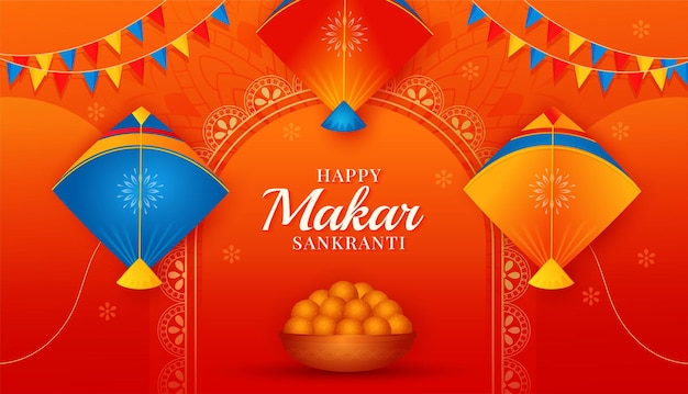 plantilla de saludos para el festival de Makar Sankranti con accesorios decorativos celebración de Makar Sankranthi