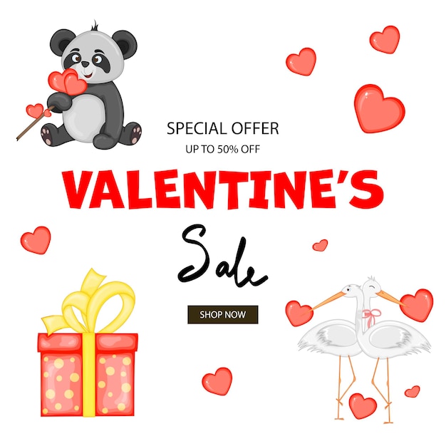 Plantilla de San Valentín para su texto con lindos animales Estilo de dibujos animados Ilustración vectorial