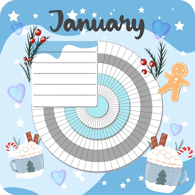 Plantilla de seguimiento de hábitos del planificador semanal del planificador mensual de enero para planificadores de horarios, diario de viñetas