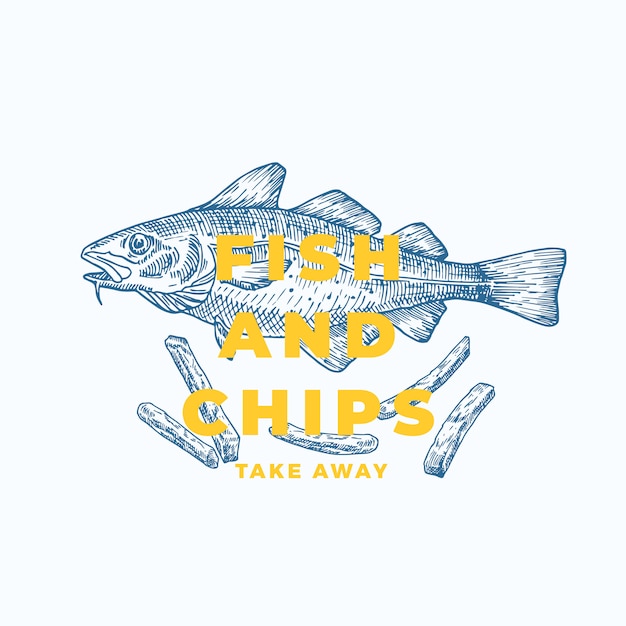 Plantilla de signo, símbolo o logotipo abstracto Fish and Chips. Mano dibujada bacalao y papas fritas con tipografía moderna. Emblema de calidad premium. Aislado.