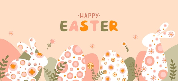 Plantilla con silueta flores de conejo de huevo de pascua y espacio para su texto en estilo plano banner lindos huevos de primavera y liebre en colores pastel ilustración vectorial
