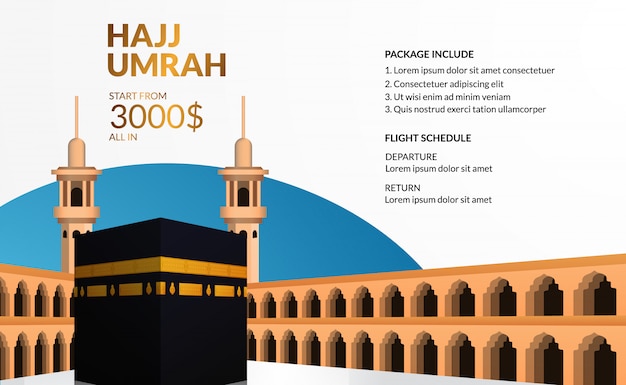 Plantilla simple y moderna de publicidad de viaje hajj y umrah con ilustración realista de kaaba.