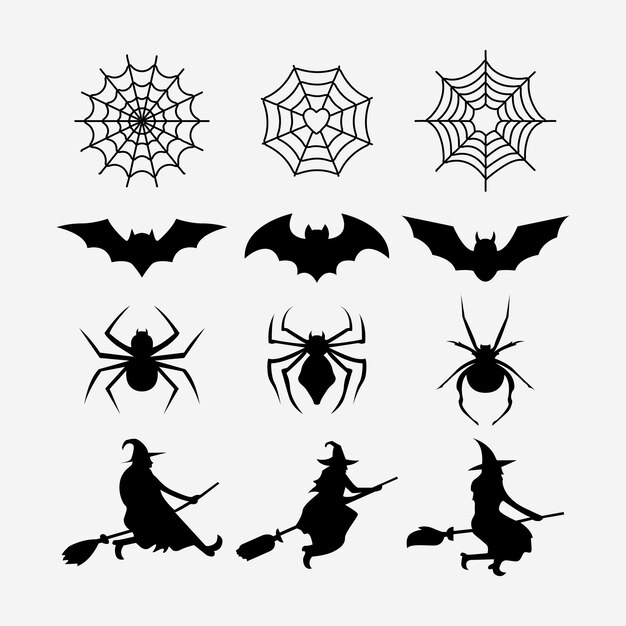 plantilla simple siluetas negras de símbolos y atributos de halloween