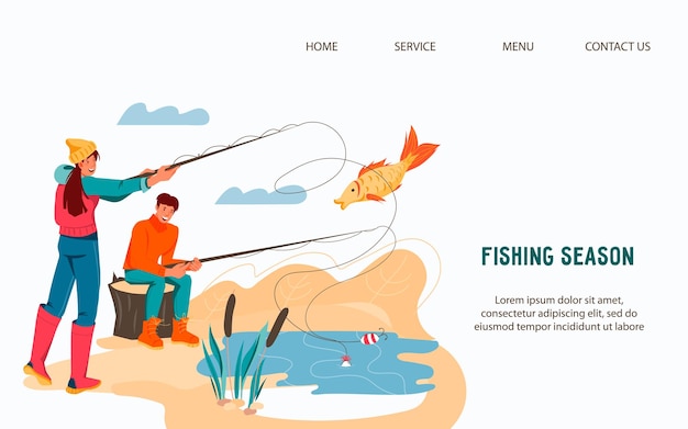 Plantilla de sitio web para la actividad de pesca y camping con pescadores hombre y mujer ilustración vectorial