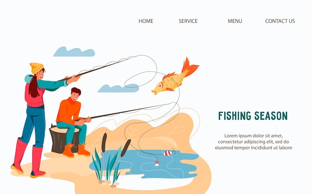 Vector plantilla de sitio web para la actividad de pesca y camping con pescadores hombre y mujer ilustración vectorial