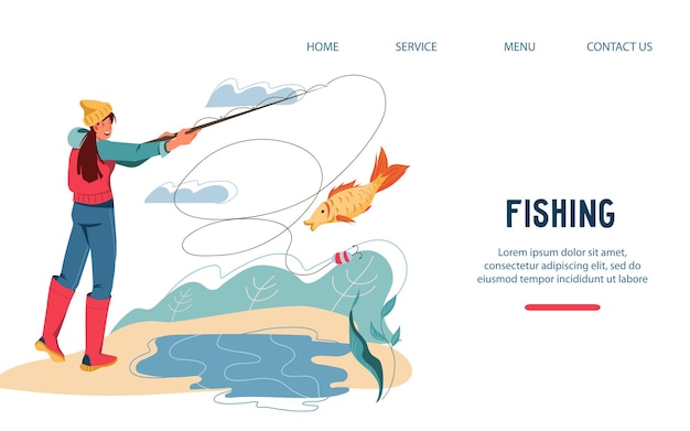 Plantilla de sitio web para actividades de ocio de pesca con ilustración de vector plano de personaje femenino de pescador