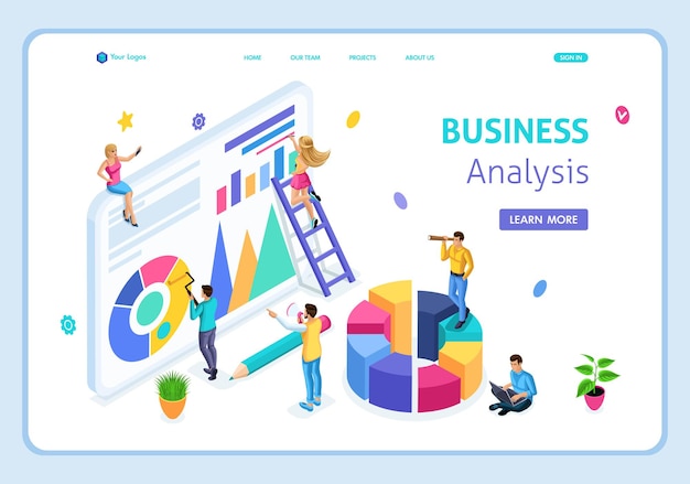 Plantilla de sitio web Análisis comercial isométrico de la página de destino, se puede utilizar para banner web. Fácil de editar y personalizar.