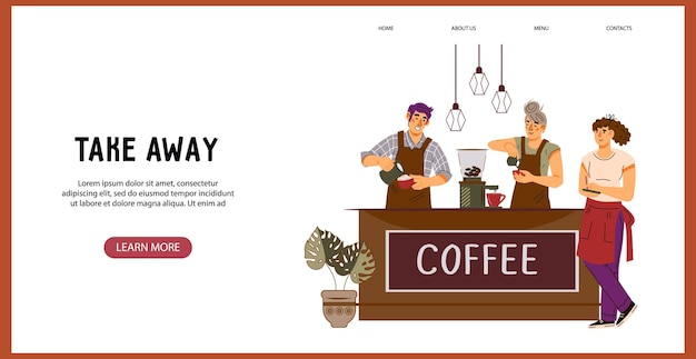 Plantilla de sitio web de café para llevar con baristas que preparan ilustración de vector plano de café