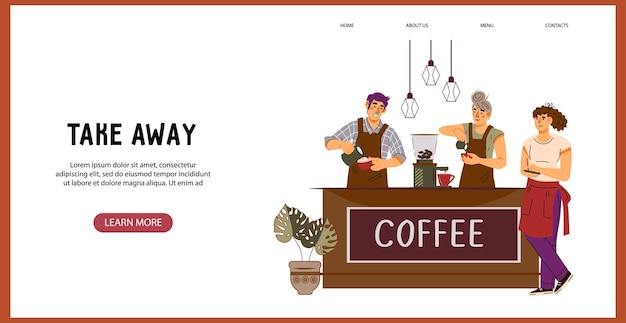 Vector plantilla de sitio web de café para llevar con baristas que preparan ilustración de vector plano de café