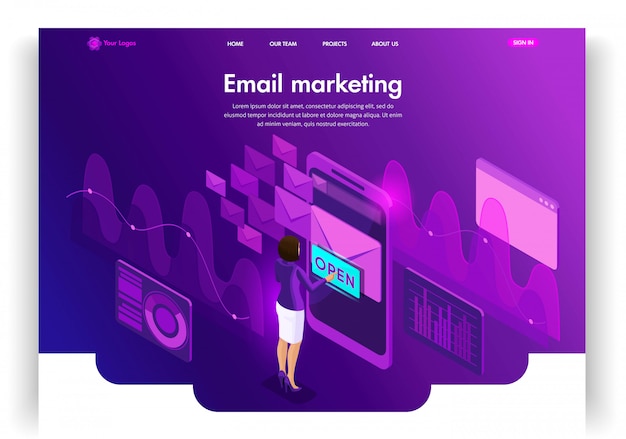 Plantilla de sitio web. Concepto isométrico Email E-mail marketing. Investigación de mercado. Bandeja de entrada de correo electrónico Comunicación electrónica. Fácil de editar y personalizar la página de destino