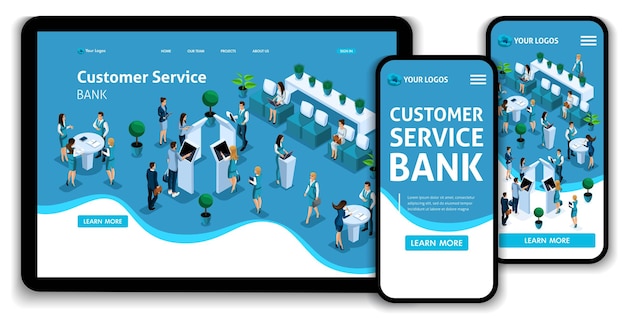 Plantilla de sitio web Concepto isométrico de la página de aterrizajeServicio al cliente en el banco, sala de servicio, clints bancarios. Fácil de editar y personalizar, ui ux adaptable.
