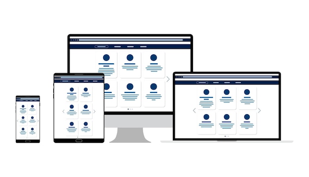 Plantilla de sitio web de diseño web para monitor de teléfono de tableta portátil Elementos para aplicaciones móviles y web Interfaz de usuario UI y Experiencia de usuario UX organización de contenido banner de página de destino