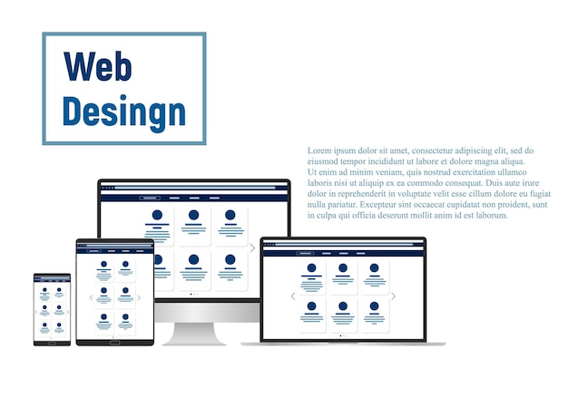 Plantilla de sitio web de diseño web para monitor de teléfono de tableta portátil Elementos para aplicaciones móviles y web Interfaz de usuario UI y Experiencia de usuario UX organización de contenido banner de página de destino