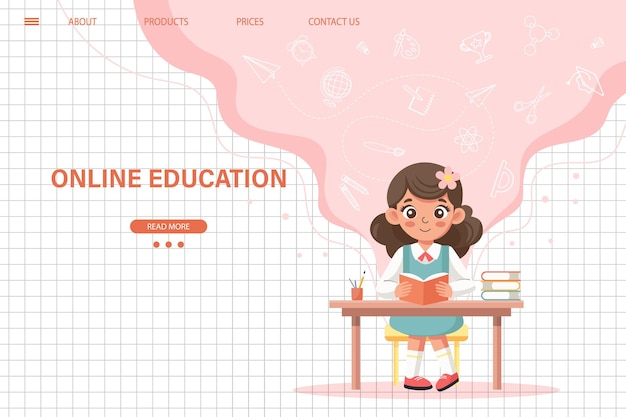 Plantilla de sitio web de educación en línea Banner de concepto de elearning Niña escolar linda sentada en la mesa