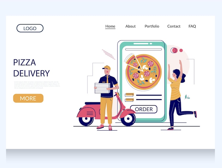 Vector plantilla de sitio web de entrega de pizza vectorial página web y diseño de página de aterrizaje para el desarrollo de sitios web y móviles servicio de entrega de comida de pizza rápida