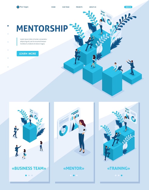 Plantilla de sitio web isométrica tutoría del concepto de página de destino y su impacto en el éxito empresarial adaptativo 3d