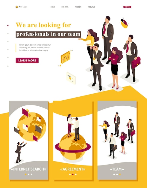 Plantilla de sitio web isométrico Los empleados de la empresa de la página de destino están buscando profesionales en el equipo