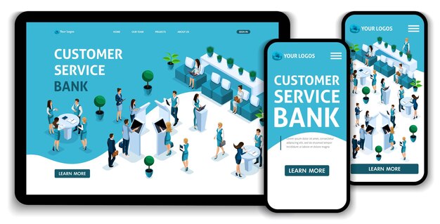 Plantilla de sitio web Página de aterrizaje Sala de servicio al cliente isométrica, clientes atendidos por consultores bancarios, depósitos, préstamos, hipotecas. Fácil de editar y personalizar, ui ux adaptable.