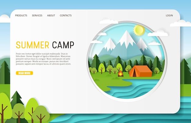 Plantilla de sitio web de página de destino de campamento de verano de corte de papel vectorial