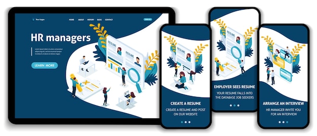 Plantilla de sitio web página de destino concepto isométrico elegir buscar trabajo, gerente de recursos humanos, entrevista con el empleador. fácil de editar y personalizar, adaptable.