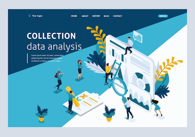 Plantilla de sitio web Página de destino Concepto isométrico jóvenes emprendedores, recopilación de datos, análisis de datos. Fácil de editar y personalizar.