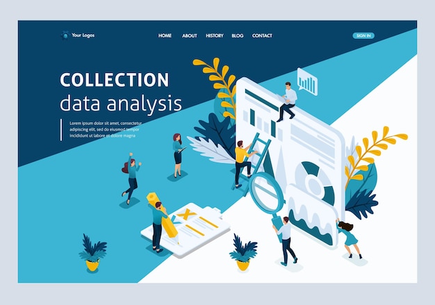 Plantilla de sitio web página de destino concepto isométrico jóvenes emprendedores, recopilación de datos, análisis de datos. fácil de editar y personalizar.