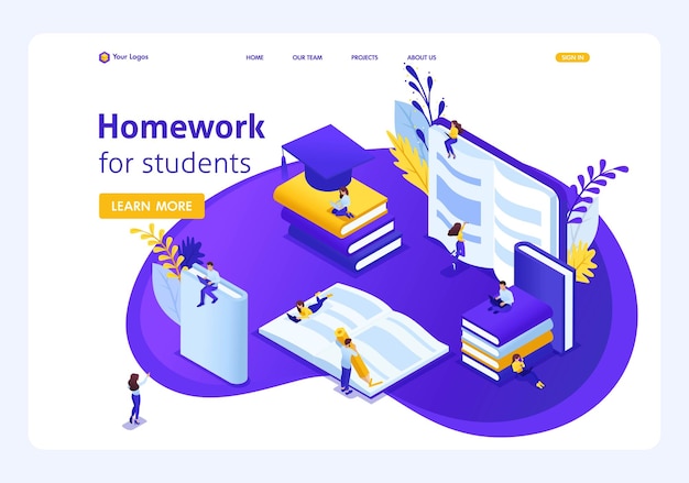 Vector plantilla de sitio web página de destino concepto isométrico tareas para estudiantes de e-learning, leer y escribir usando gadgets. fácil de editar y personalizar-01.