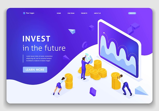 Plantilla de sitio web Página de destino Gestión de inversiones de concepto isométrico, los empresarios llevan dinero para invertir. Fácil de editar y personalizar.
