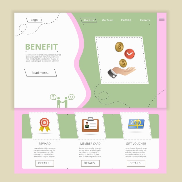 Vector plantilla de sitio web de página de destino plana de beneficios tarjeta de miembro de recompensa cupón de regalo banner web con encabezado