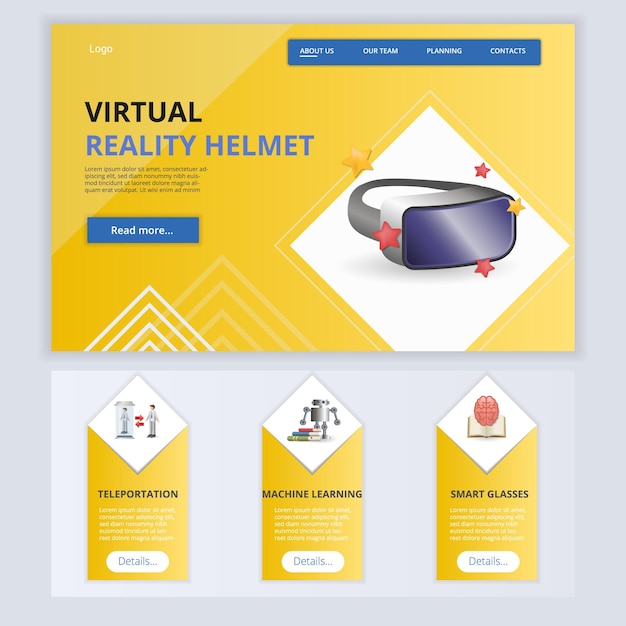 Plantilla de sitio web de página de destino plana de casco de realidad virtual Teletransportación aprendizaje automático gafas inteligentes Banner web con contenido de encabezado y pie de página Ilustración vectorial