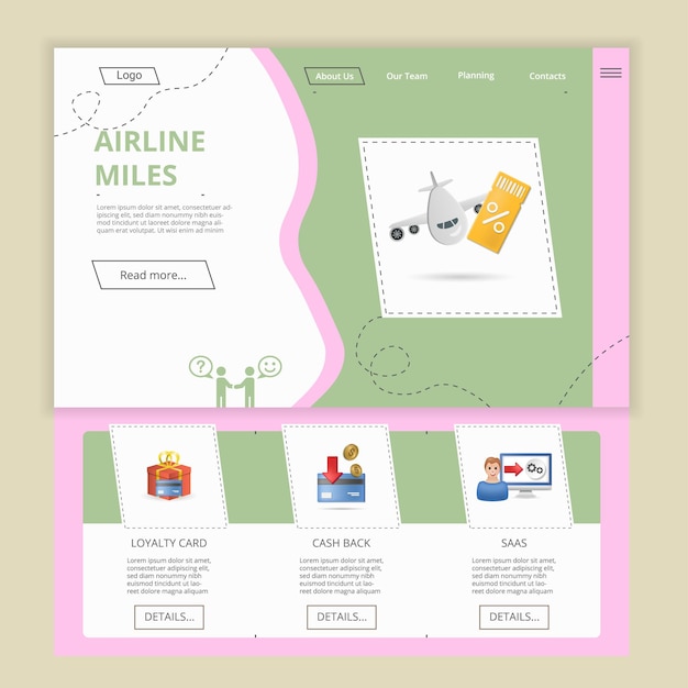 Vector plantilla de sitio web de página de destino plana de millas de aerolíneas tarjeta de fidelidad devolución de efectivo saas banner web con encabezado