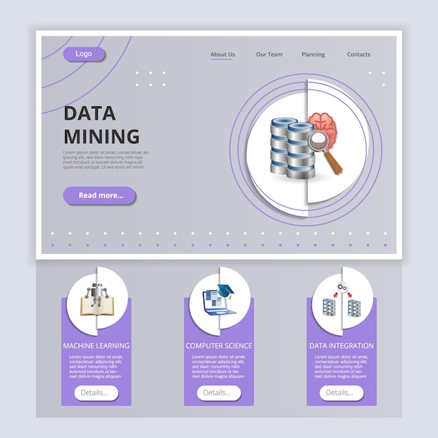 Plantilla de sitio web de página de destino plana de minería de datos aprendizaje automático integración de datos de informática