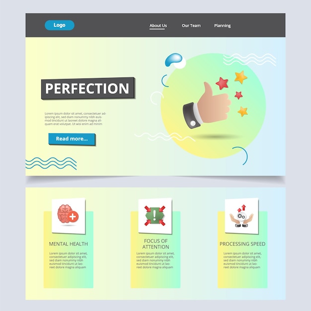 Plantilla de sitio web de página de destino plana de perfección enfoque de salud mental de atención velocidad de procesamiento web