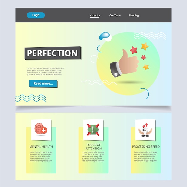 Vector plantilla de sitio web de página de destino plana de perfección enfoque de salud mental de atención velocidad de procesamiento web