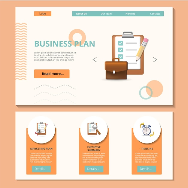 Plantilla de sitio web de página de destino plana de plan de negocios plan de marketing resumen ejecutivo línea de tiempo web