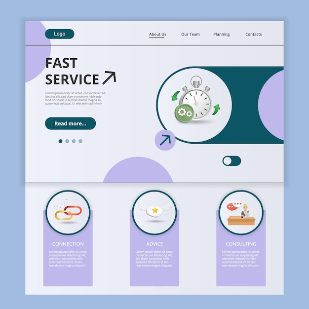 Plantilla de sitio web de página de destino plana de servicio rápido asesoramiento de conexión consultoría banner web con encabezado