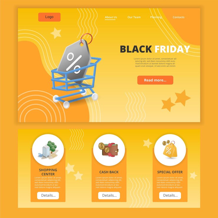 Vector plantilla de sitio web de página de destino plana de viernes negro centro comercial devolución de efectivo oferta especial banner web