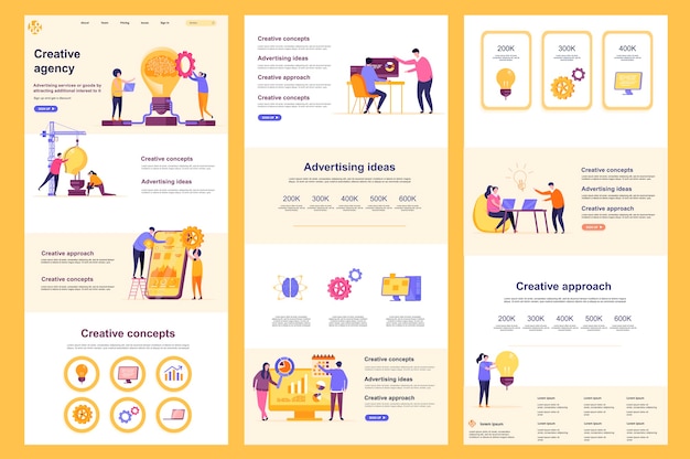 Plantilla de sitio web plano de agencia creativa página de destino contenido medio y pie de página